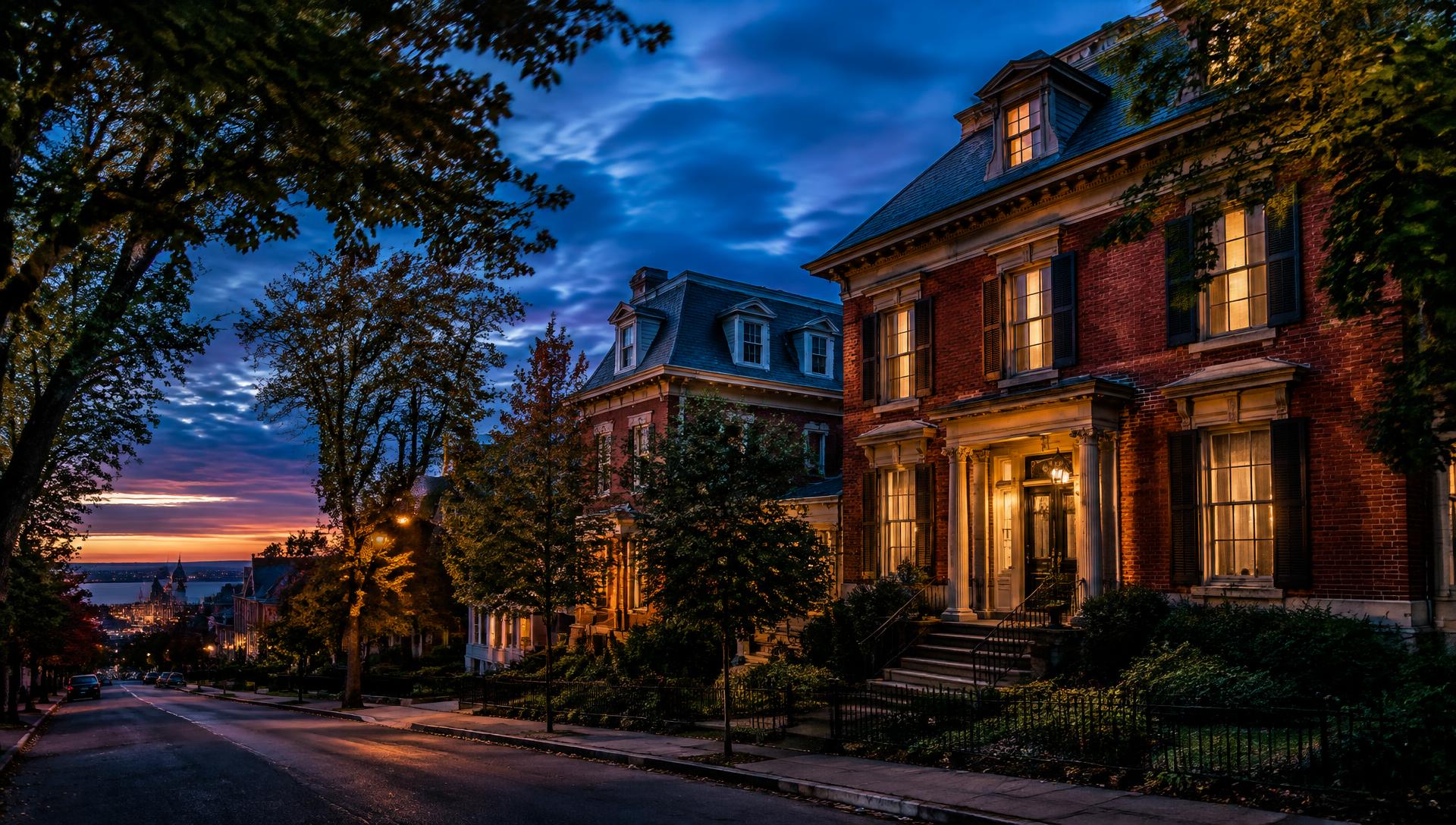 Historic Syracuse neighborhood at dusk